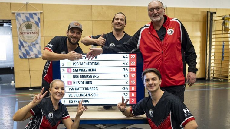 Foto: Johannes Maier / Ein bisschen Spaß muss sein! Die FSG Tacherting ist punktgleich mit Bayreuth auf Platz zwei der Südliga, auch wenn es Felix Wieser nicht wahrhaben will...